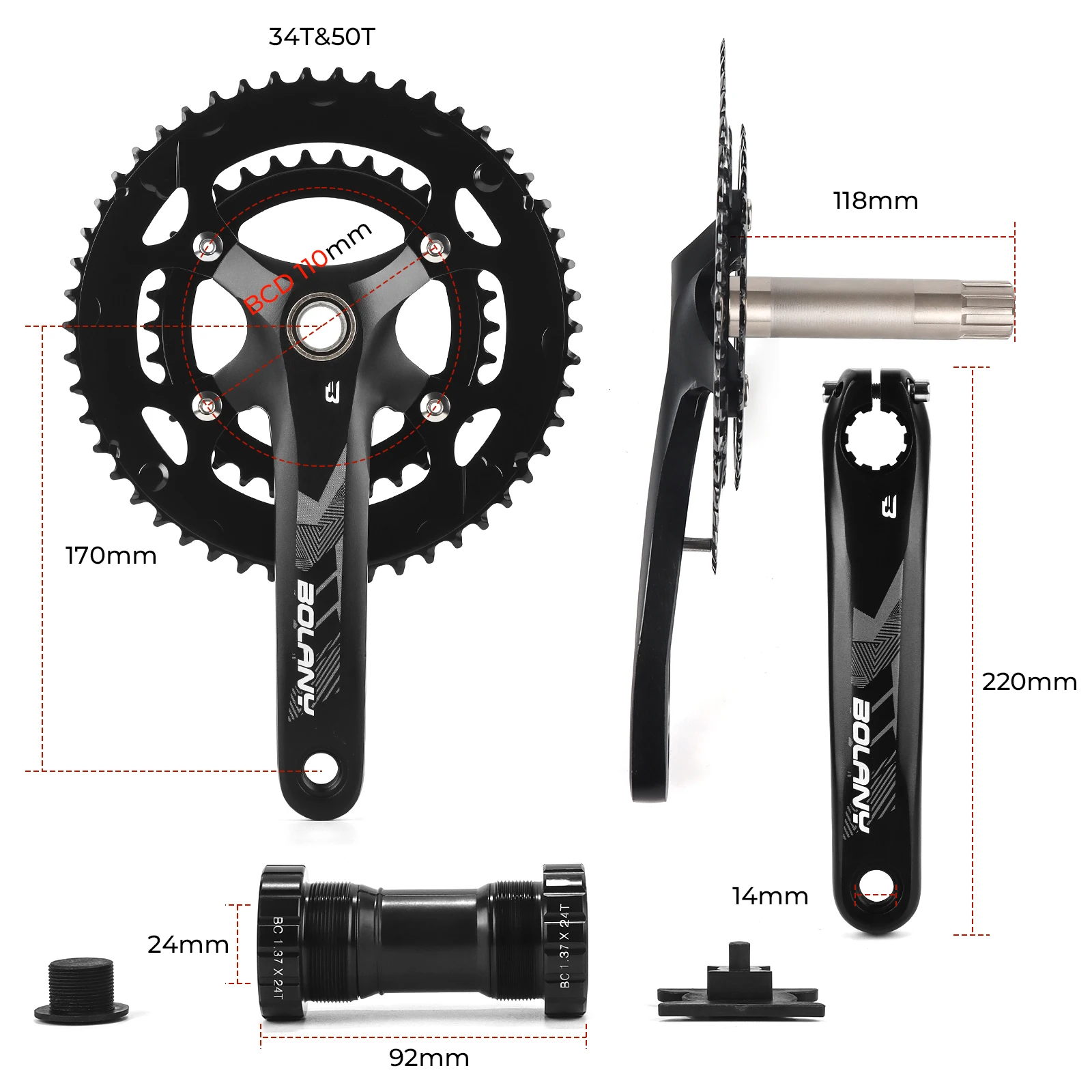 BOLANY Road Bike Crankset Chainring BB91 Threaded 170mm 34T 50T 110BCD Aluminum Alloy Double Disc Crank for Road Bicycle