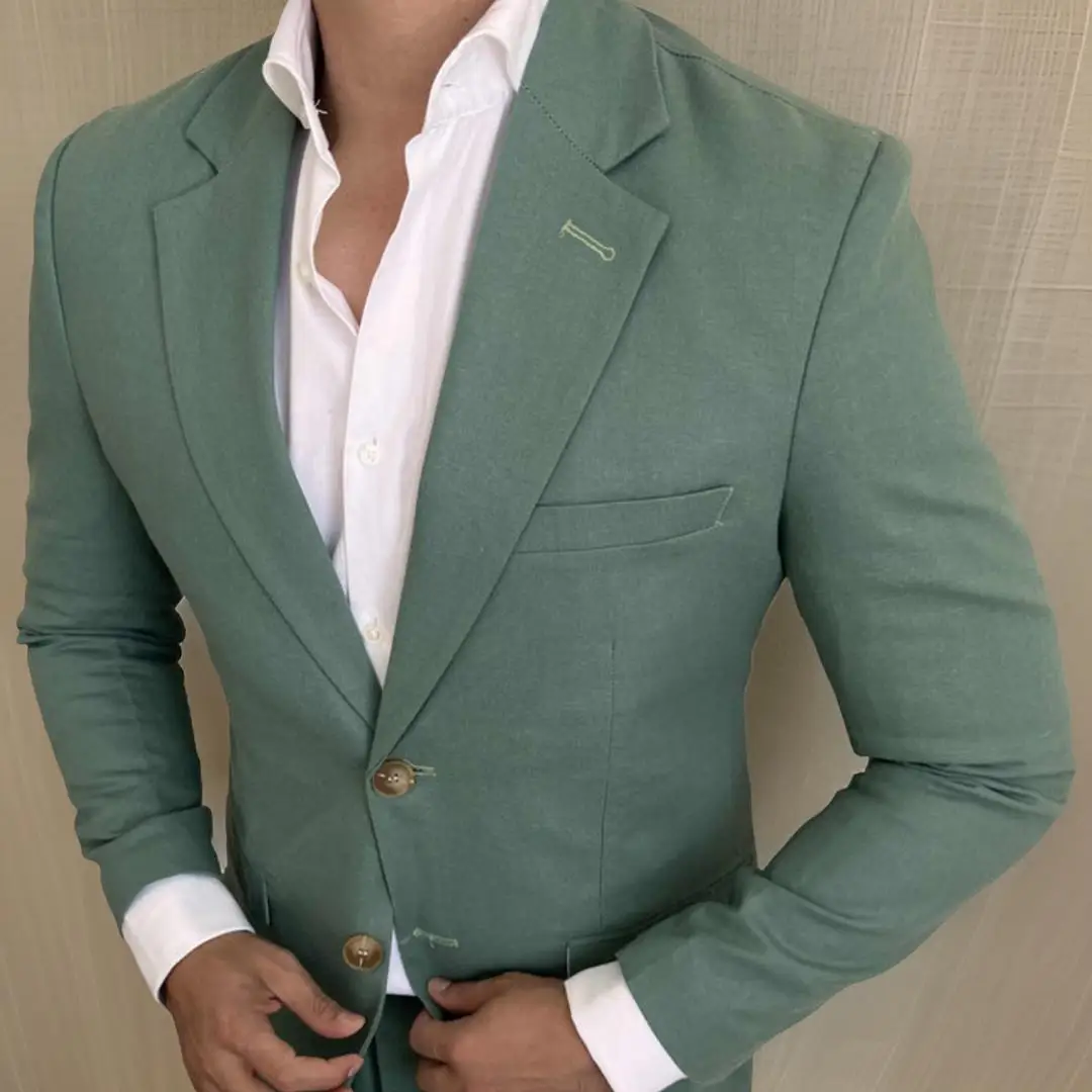 Traje de lino ajustado para hombre, esmoquin de 2 piezas, estilo italiano, verde salvia, chaqueta y pantalones, 2024