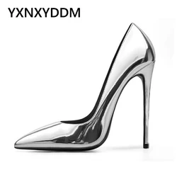 12-13cm Women's Pointed Toe Stilettos High Heel Pumps Silver Party Shoes Ladies Large Size Red Patent Leather Classic Pumps 2023