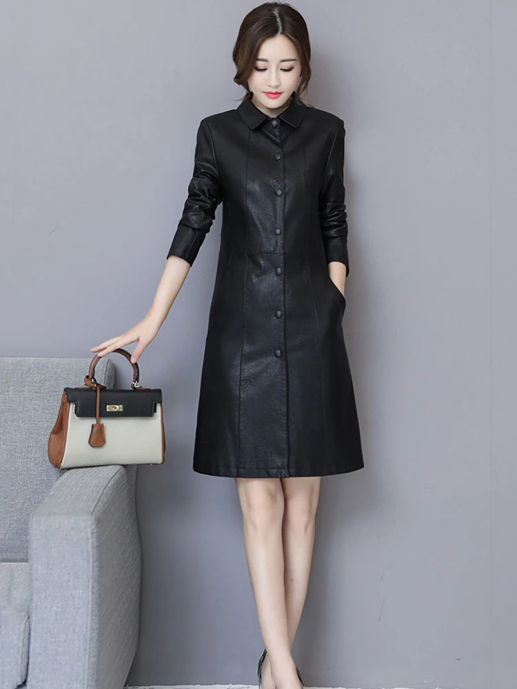 New Women Leather Coat Spring Autumn Fashion Chic Small Turn-down Collar Slim Sheepskin Tops Coat Long Split Leather Outerwear