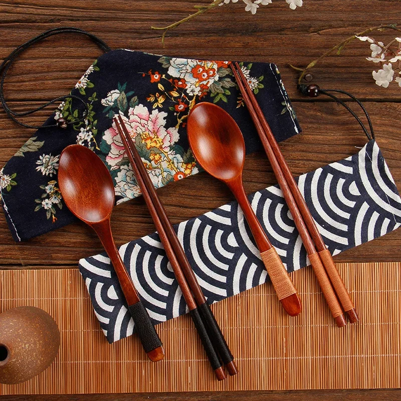 2 pcs/lot Japanese Style Tableware Natural Wood Cloth Packing Set Pack Portable Chinese Dinnerware Sets Travel Portable bag