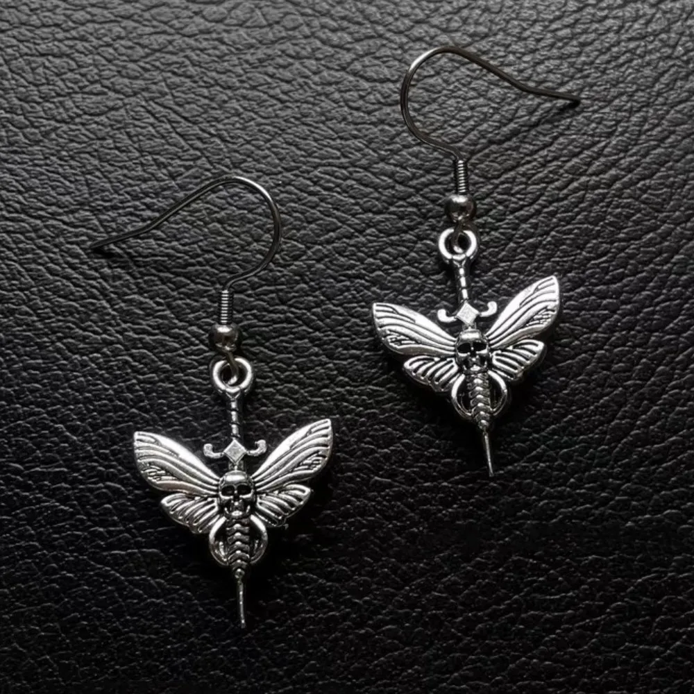 Skull Moth earring,Gothic jewelry,Vintage,skull sword,witch,accessory,pagan,barbed wire,mystery,insect,punk,ear hook For Women