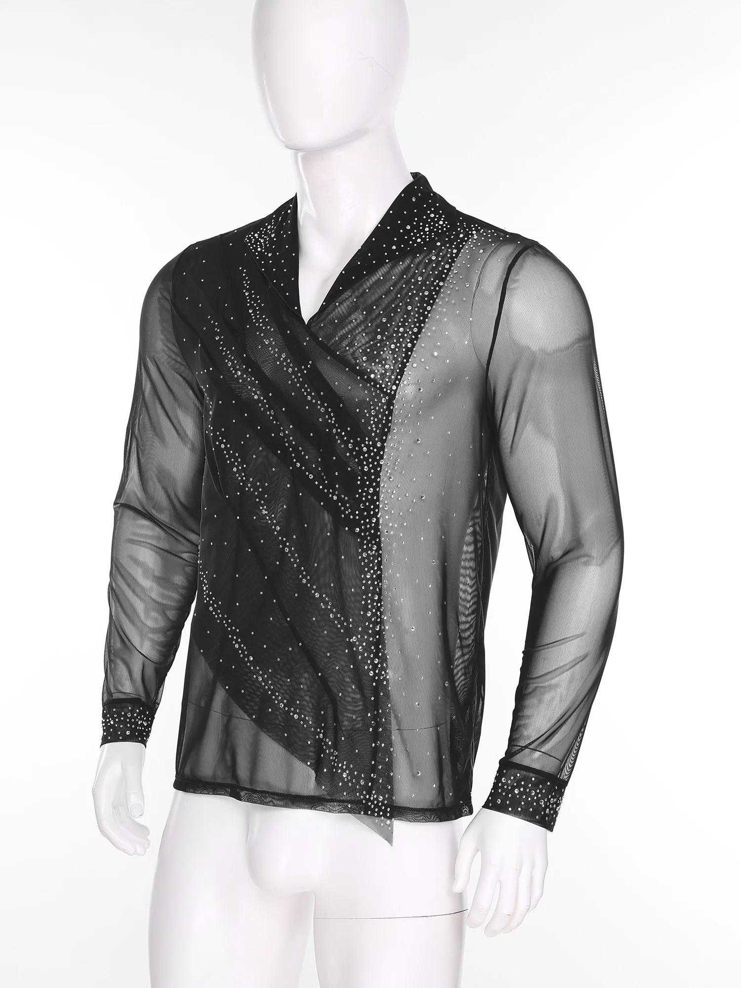 Camisa masculina de tango rumba chacha, camisa de dança latina, ginástica rítmica, manga longa, sobreposição de babados, performance de patinação artística