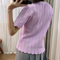 y2k clothes Women's Purple Short sleeved Knitted Shirt M Family 2024 Spring New Fashion Top Hollow Wave Edge Stripe