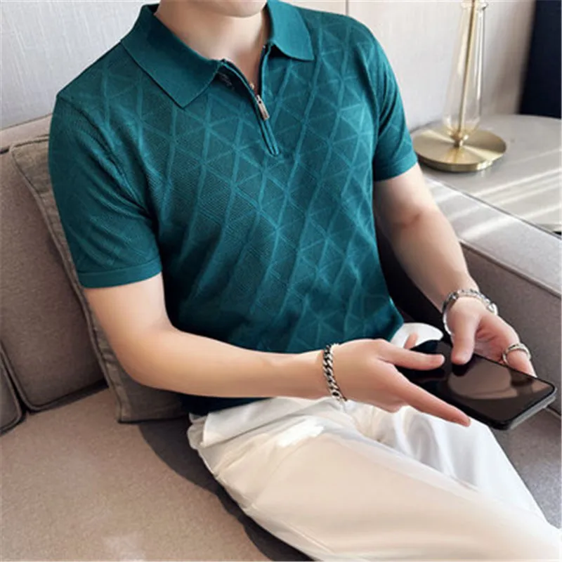 Summer T-shirt Howllow Knitted Plaid Shorts Polos Tee Shirt Zip Designer Men's Short Sleeve Slim Fit European Clothing Golf Wear