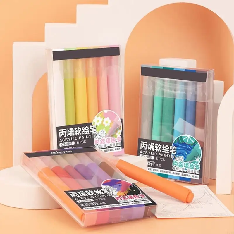 

6 Color Acrylic Paint Marker Acrylic Paint Pen Brush Tip for Drawing Card Making Scrapbooking Journaling Coloring Book F19E