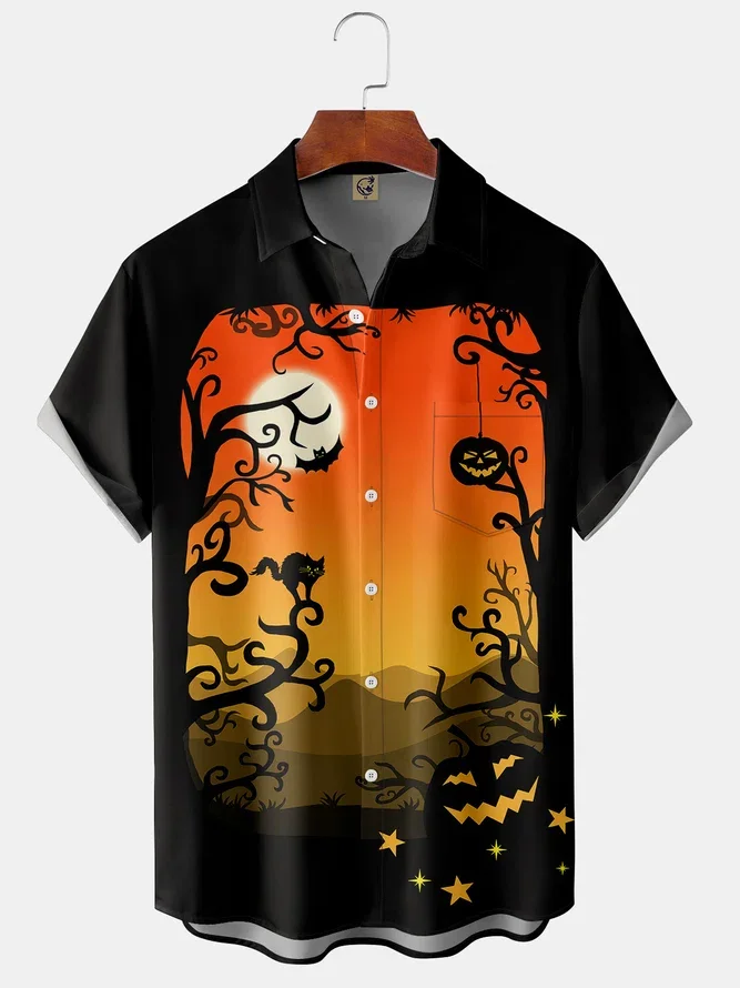 Men\'s Halloween Pumpkin and Skull Print Black Shirt Fashion Lapel Short Sleeve Hawaiian Shirt Halloween Party for Men