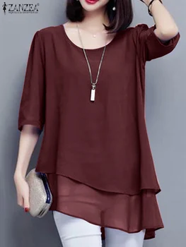 2024 ZANZEA 여름 여성 패션 레이스 패치 워크 블라우스 3/4 슬리브 오 넥 셔츠 캐주얼 불규칙한 밑단 셔츠 탑 블라우스 오버 사이즈