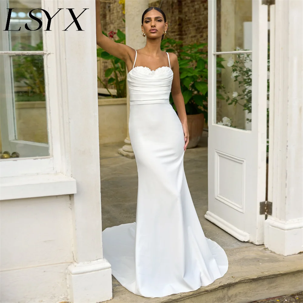 

LSYX Sweetheart Sleeveless Satin Pleats Lace Mermaid Wedding Dress Simple Open Lace Back Floor Length Bridal Gown Custom Made