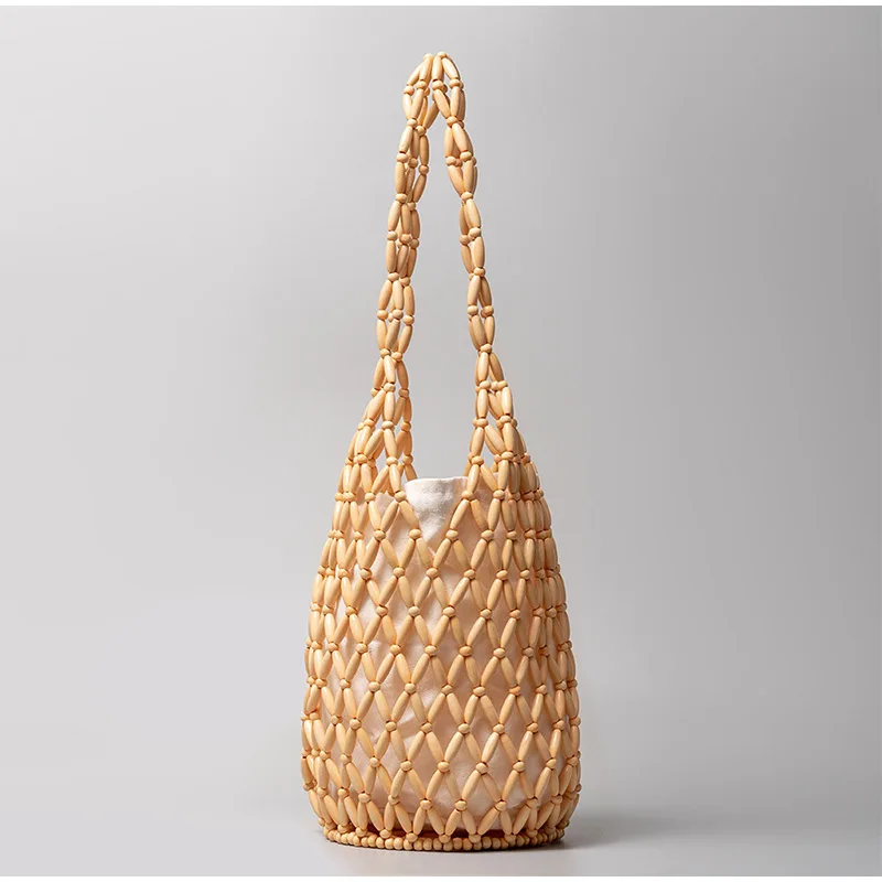 Holz Perle Gewebte Tasche Neue Design Marke frauen Hohl Perlen Meer Reise Vielseitige hand Schulter Unterarm Eimer Tasche – Detail 15