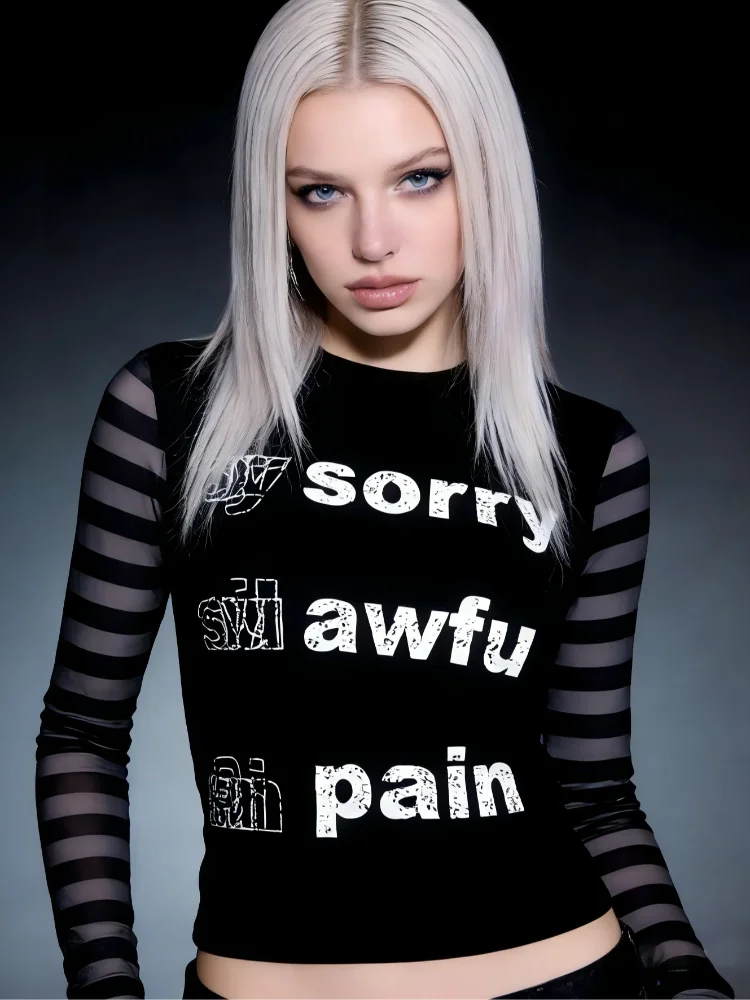 

Ladies' loose color blocked printed long sleeved embroidered T-shirt, high street fashion trend, summer top clothing