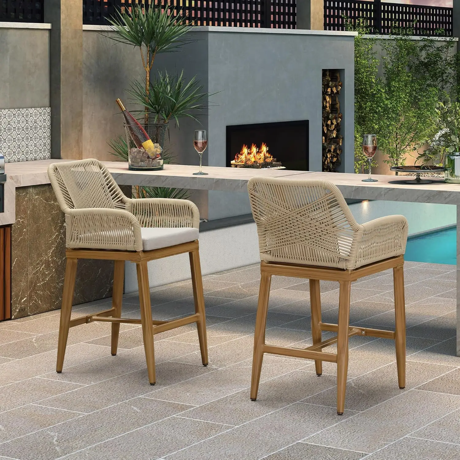 

Outdoor 24" Counter Height Bar Stools Chair Set of 2,All Weather Rattan，Aluminum Patio Bar Stool,Cushion for Indoor and Outdoor