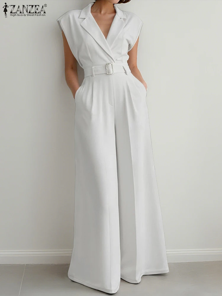 

ZANZEA Office Women Jumpsuits 2025 Summer Rompers Overalls Fashion Loose Work OL Wide Leg Pants Casual Long Trousers Streetwear