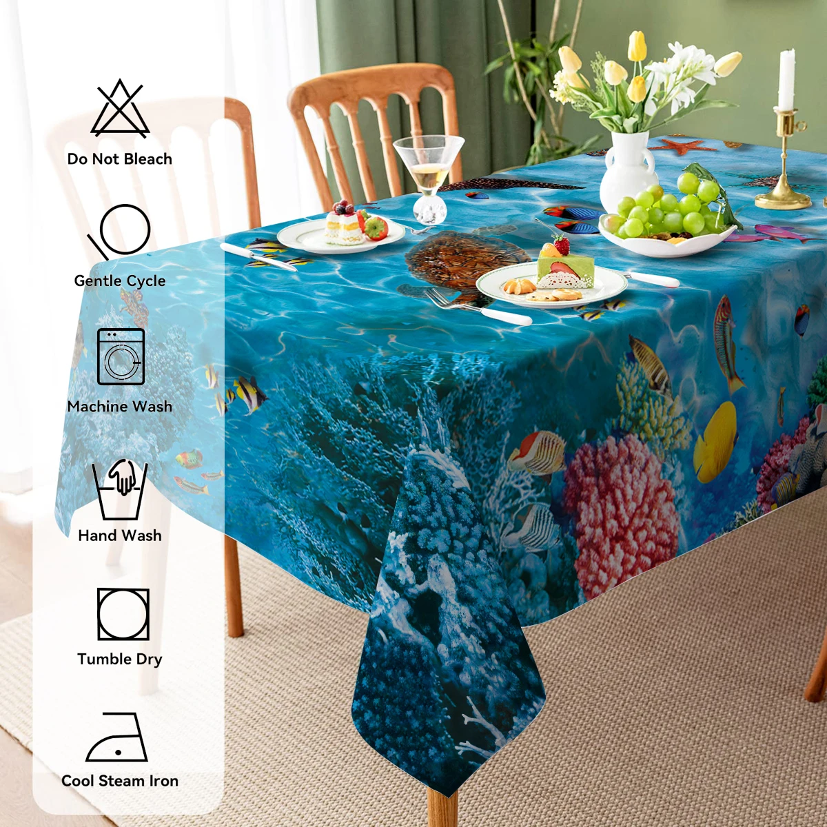 Marine Coral Jellyfish Fish Waterproof Rectangular Polyester Tablecloth Home Decor  Kitchen Living Room Wedding Party