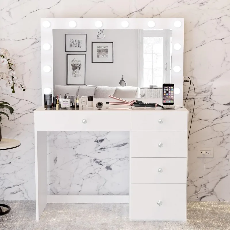 Alana White Makeup Vanity Desk with Mirror and Lights, Crystal Ball Knobs, 5 Drawers for Ample Storage, Glass Top, Elegant