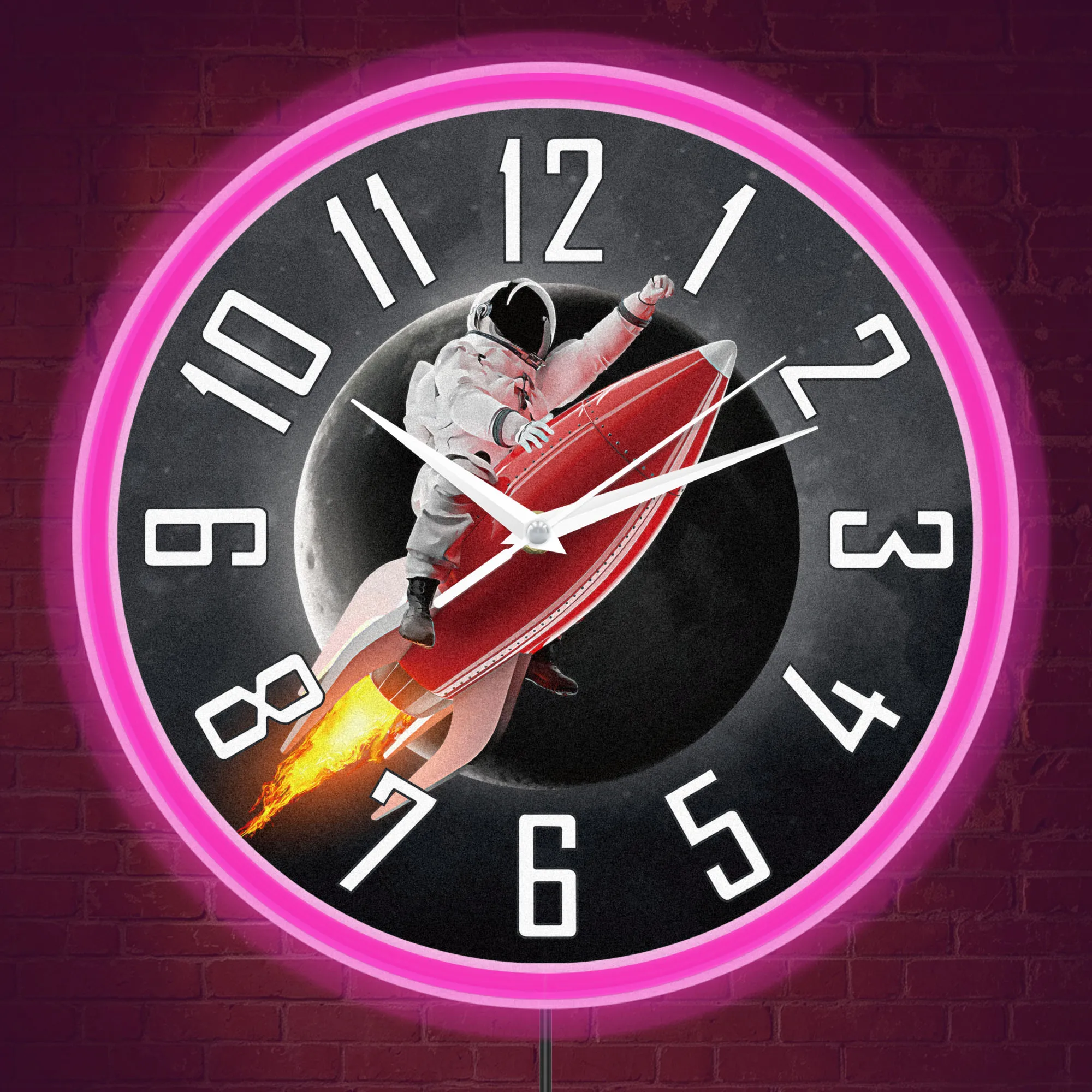 Astronaut Surfing Rocket Outer Space Neon Rim Wall Clock Cosmic Art Galaxy Themed Decor Spaceman on Moon LED Light Up Wall Clock