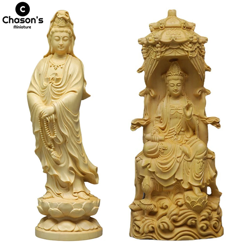 Wooden Buddha Figurines Buddhist Monks Tibetan Buddhism Guanyin Wood Statue Sculpture Miniature Home Room Decoration Meditation