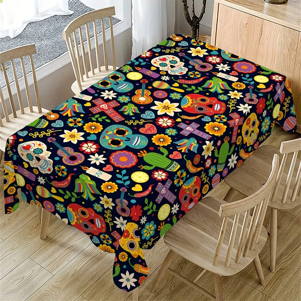 

Mexican Day of The Dead Skull Flowers Waterproof Tablecloth Table Decor Farmhouse Kitchen Dining Table Cloth Holiday Party Decor