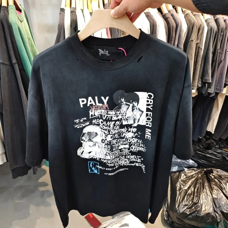 

Black Graffiti Washed Distressed T-Shirt Men Ripped Oversized Casual Streetwear Top