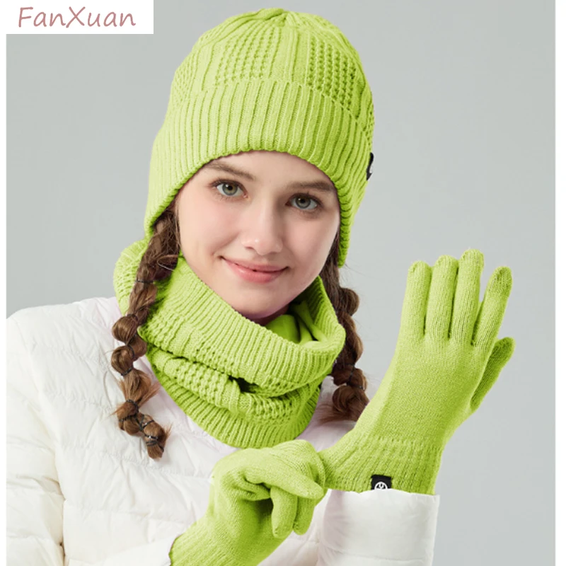 3pcs Winter Hats Scarf Gloves Set for Women Thick Plush lining double layers Beanies Snood Set Female purple orange green blue view 4