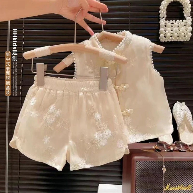 

New Girls' Suit National Style Beaded Oblique Buckle Flower Embroidered Top and Shorts Two-Piece Suit2024Summer Clothing-WSNY