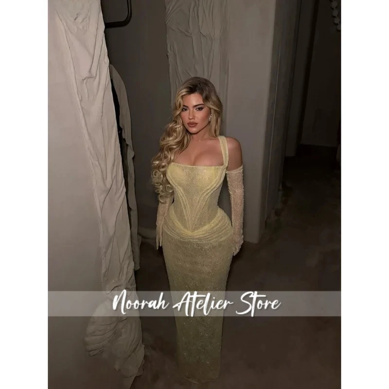 

Customized Yellow Formal Dress with Corset Bodice, Lace & Sequin Detailing and Detachable Off Shoulder Sleeves Gala Attire