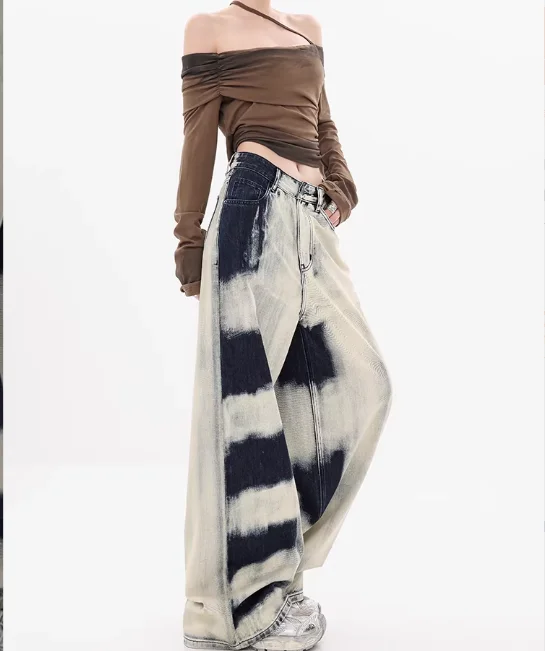 Spring Autumn Blue Print High Waist Loose Versatile Wide Leg Jeans Elegant Women Personality Retro Leisure Straight-leg Pants