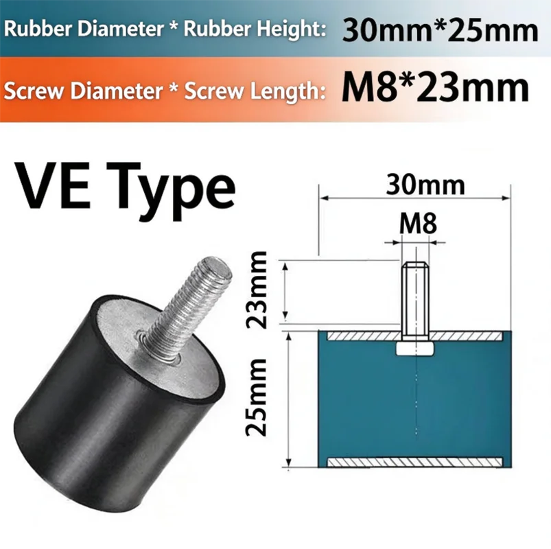2Pcs M3 M4 M5 M6 M8 M10 M12 M16 VE Type Rubber Shock Absorber Single-head Thread Cylindrical Vibration Isolator Motor Buffer Pad