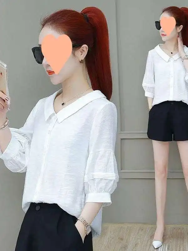 

Женская свободная блузка с V-образным вырезом, скрывающая живот, с рукавами-фонариками, из тонкого полиэстера, для повседневной носки, модный женский топ