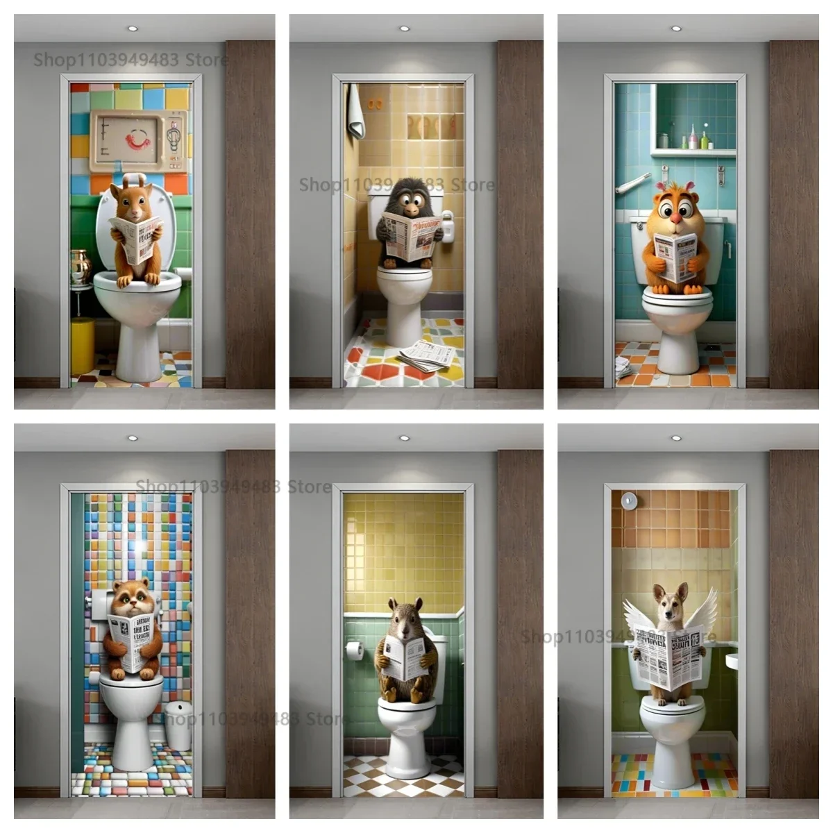 Creative Cute Animal Art Mural Toilet Door Poster Stickers Home Decoration Full Door Wrap Wallpaper Waterproof Aesthetic Decals