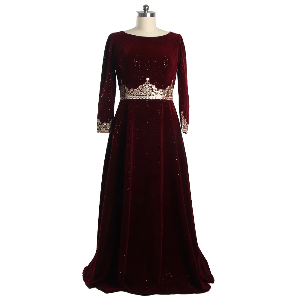 

Evening Dresses Muslim Burgundy Bling Velour Appliques O-neck Full Sleeves Zipper Back A-line Floor Length Plus Party Dress A529