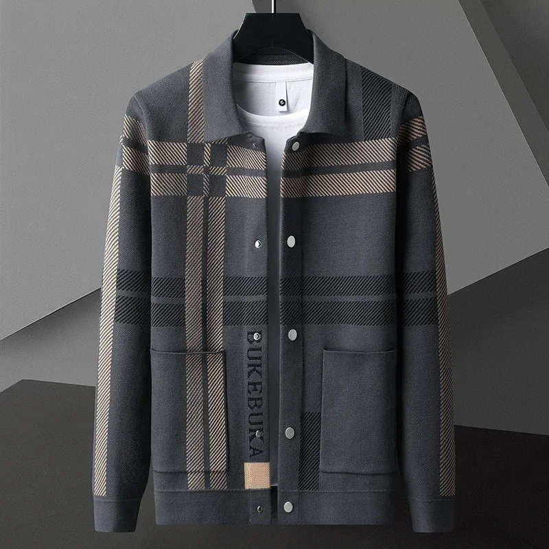 2023 Fall Winter Fashion Plaid Sweater Cardigan For Men High Quality Korean Soft Warm Knit Jacket Mens Classic Comfortable Coats