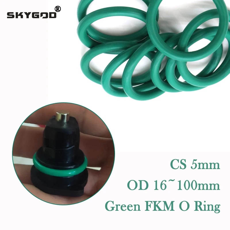 

CS 5.0mm OD 16mm ~ 100mm Green FKM O Ring Sealing Gasket Oil Resistant High Temperature Resistance Fluorine Rubber Rings 5/10pcs