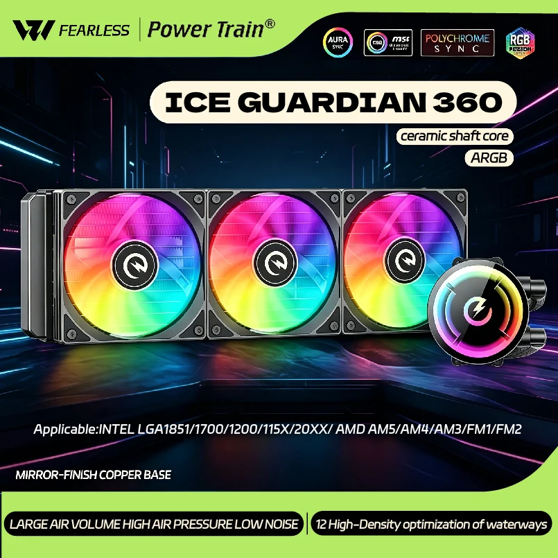 Power Train ICE GUARDIAN 360 ARGB Efficient CPU liquid cooler radiator for Intel LGA 1700 1200 115X AMD AM4 AM5 AM3 water cooler