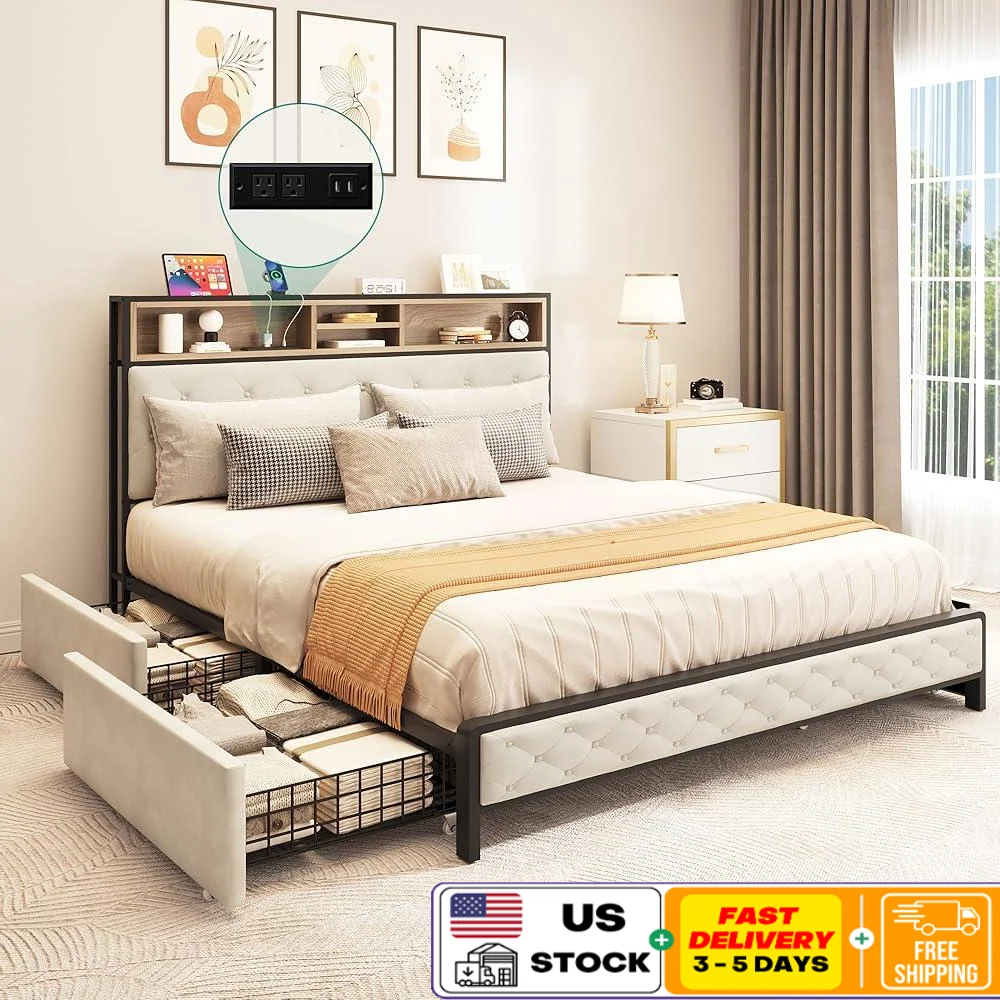 Queen Storage Bed Frame with 4 Drawers Upholstered Platform Dual USB Charging Ports Bookcase Headboard Noise Reduction Sturdy
