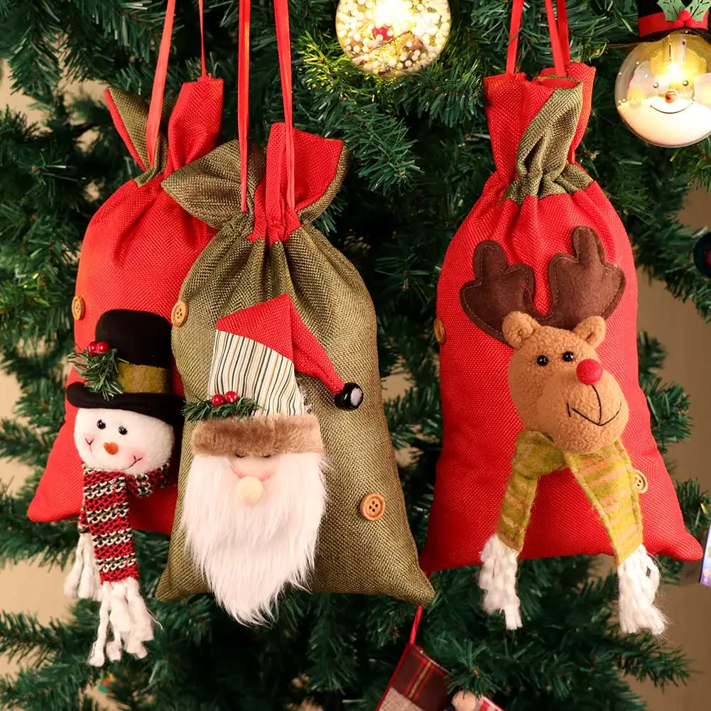 

OurWarm Christmas Cloth Bag Santa Claus Snowman Elk Treat Sack Favor Drawstring Pouch Reusable Xmas Party Candy Gift Storage