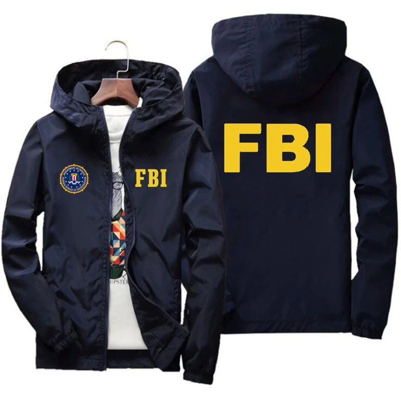 Męska nowa wiosenna i jesienna kurtka z kapturem z nadrukiem Hip Hop Casual Bomber Jacket Duży rozmiar Kurtka wiatrówka Męski płaszcz FBI z zamkiem błyskawicznym