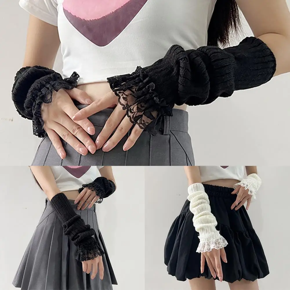 ถุงมือยาวแบบไม่มีนิ้ว สีดำ สีขาว ถุงมือครึ่งนิ้ว ถักไหมพรม ปลอกแขน Y2K สาวพังก์ กอธิค ลูกไม้ ถุงมือระบาย