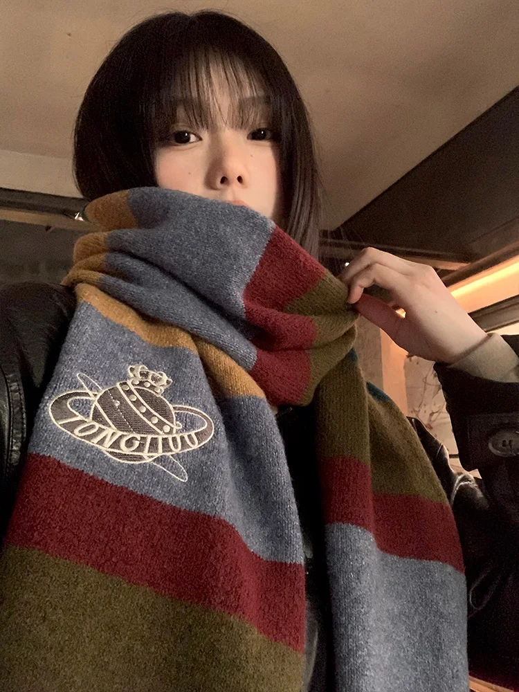 

Cute Pl Embroidered Striped Knitted Scarf Women's Winter New Sle Warm Cold Proof Student Ne Warmer Multi Functional L...