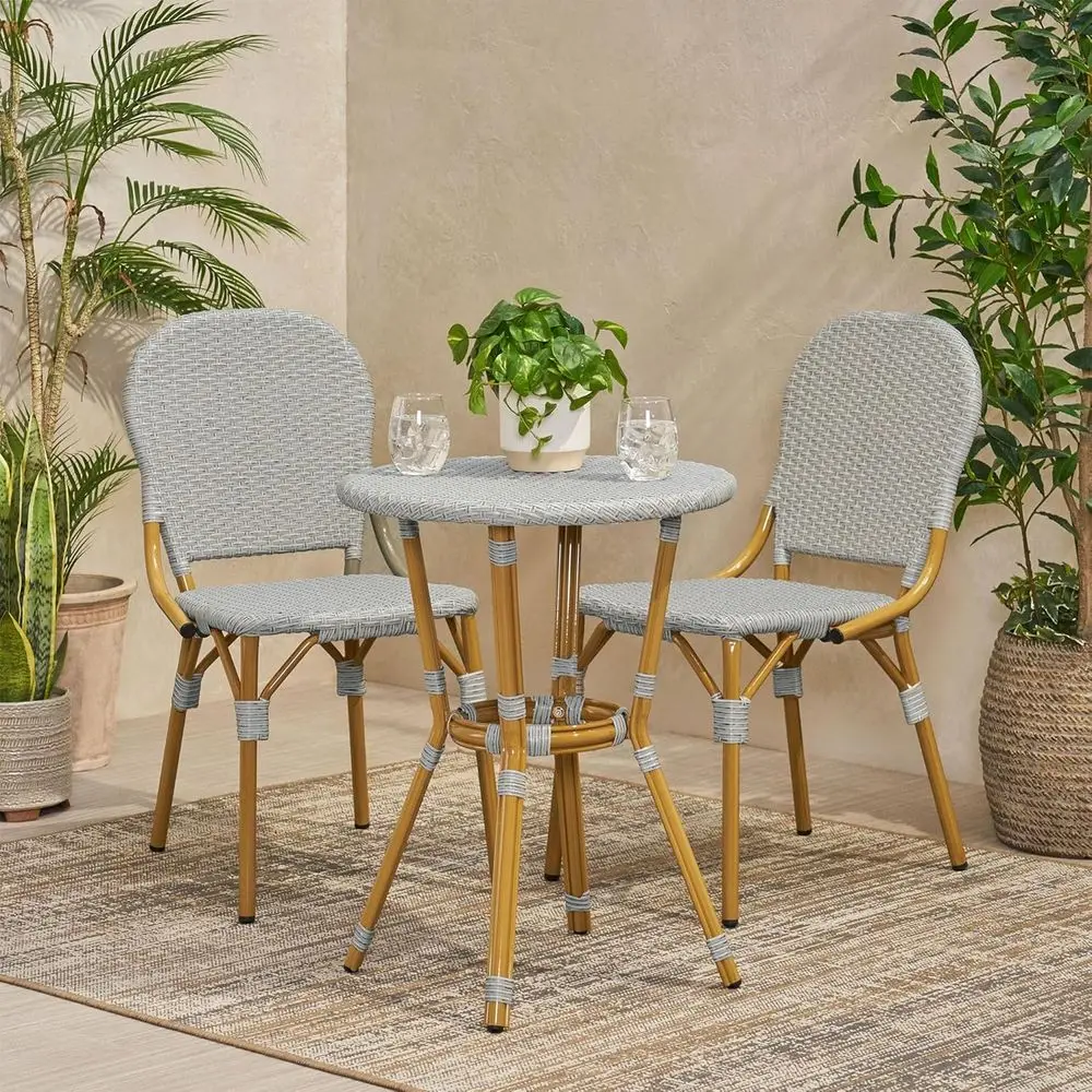 

Набор для уличного бистро из ротанга с алюминиевой рамой и бамбуковым принтом, светло-серый для патио и сада