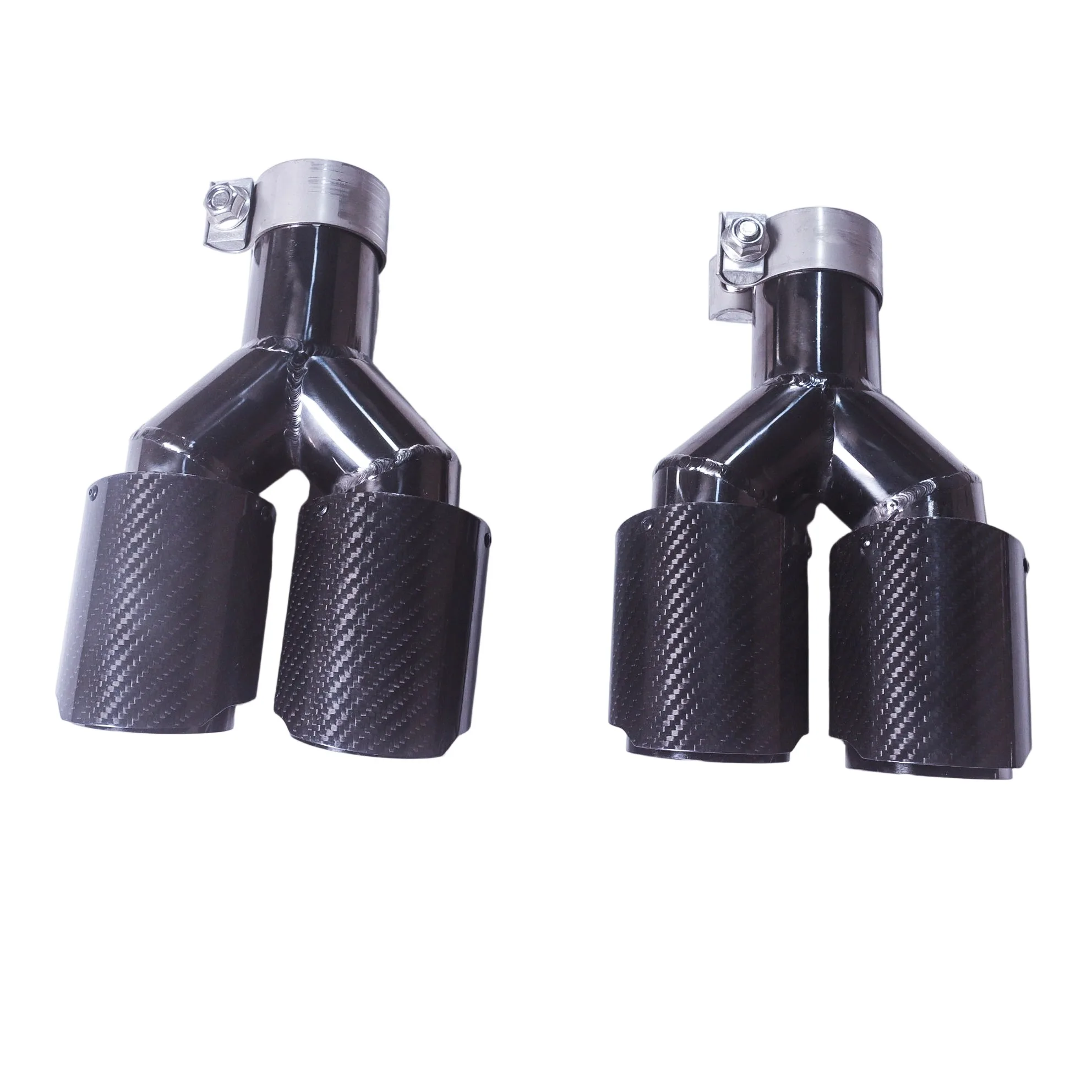 Ujung knalpot serat karbon glossy berbentuk Y dengan dua lubang keluar, dekorasi nozzle knalpot, universal stainless steel