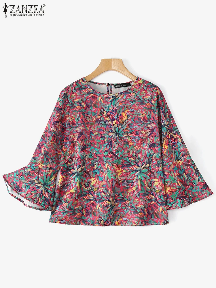

ZANZEA 2025 Women Printed Blouse Elegant Office Work Tops Fashion 3/4 Flare Sleeve O Neck Tunic Vintage Pullover Oversized