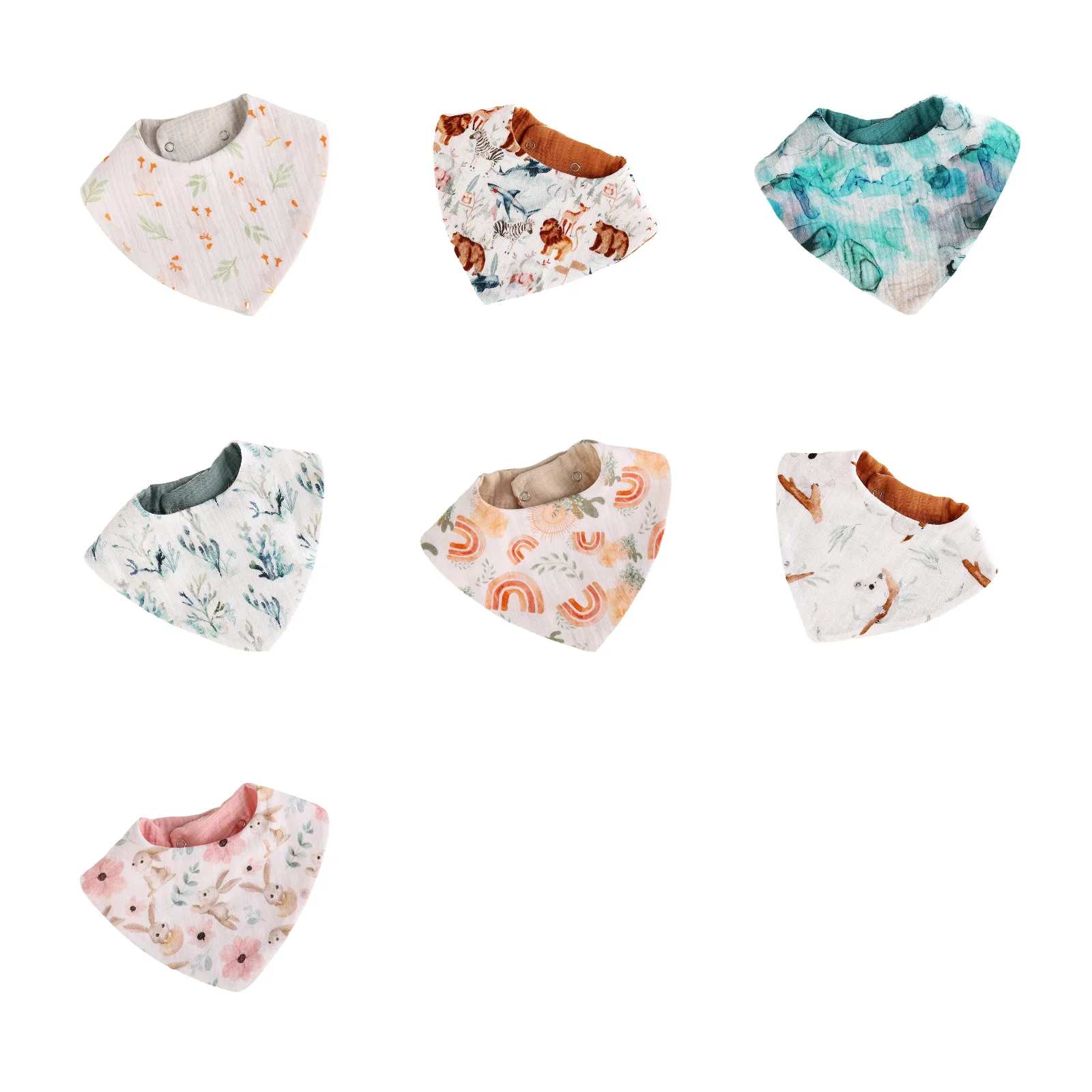 

7-piece set of six-layer baby gauze bibs (duck/lion/wave/coral/cactus/koala/rabbit)