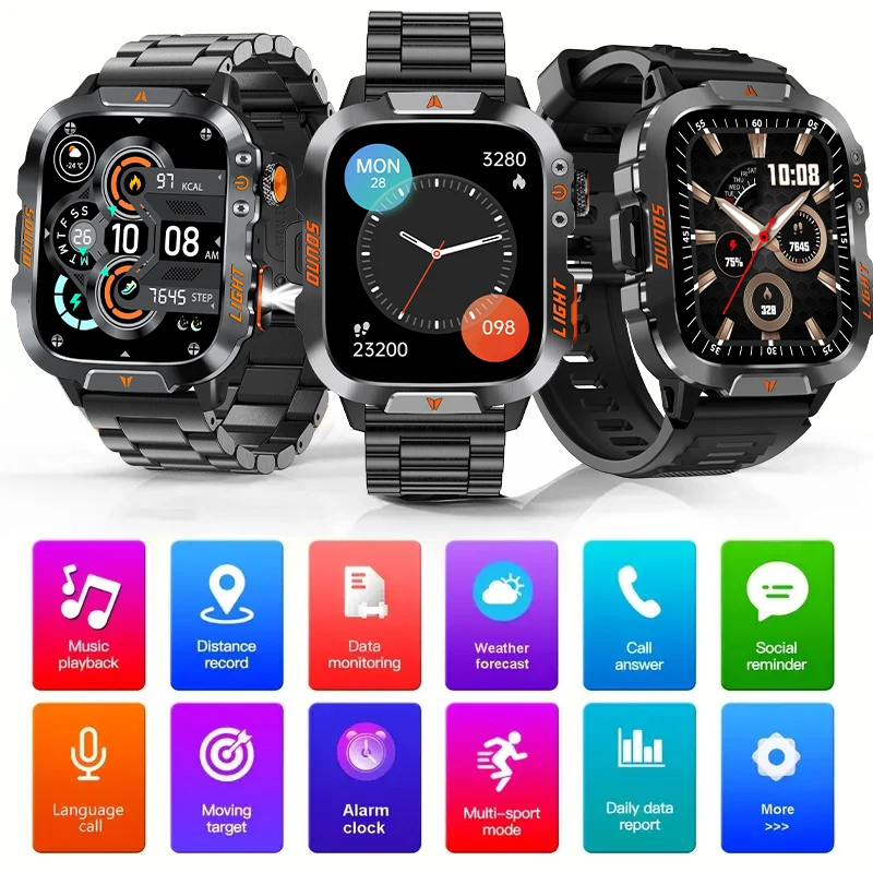 2025 New Outdoor Smart Watch Bluetooth Call Flashlight Health Monitoring Waterproof Sports Fitness Smart Watch for Men and Women