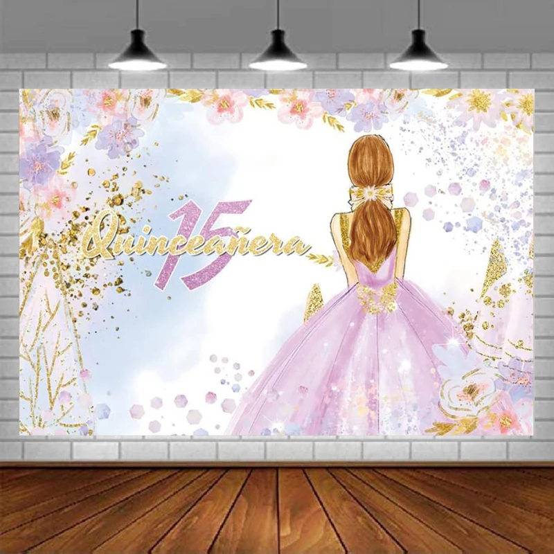 Photography Backdrop Pink Purple Flowers Gold Glitters Beautiful Princess Background Mexican Sweet 15th Girl Birthday Party