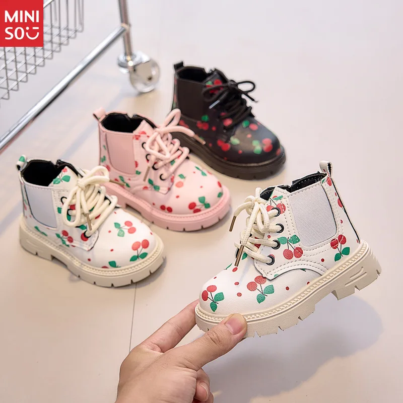 

Miniso 2025 ботинки martin с принтом, новые осенние нескользящие водонепроницаемые модные ботильоны для девочек
