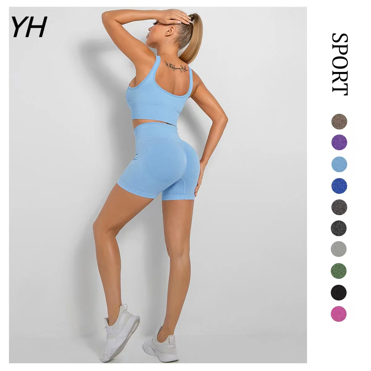 Blue Ribbed Yoga Shorts Sets Seamless Sports Suits Fitness Workout Clothes for Women Sportswear Sexy Crop Top Gym Wear Female