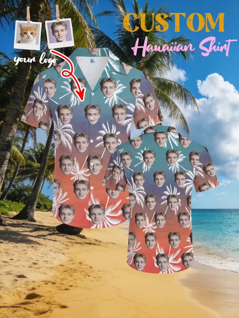 

Customizable With Pet And Face Designs Hawaiian Shirts Personalized Men'S Button Up Short Sleeve Beach Shirts Summer Aloha Shirt