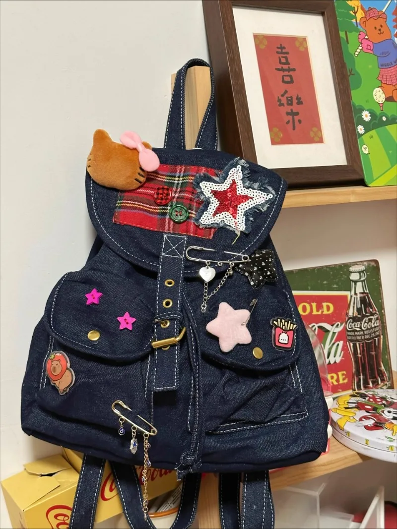 

Sequin Star Denim Mochila Student Mochilas Mujer Commuter Trendy Bag Plaid Backpack All-match Double Pockets Bags for Woman