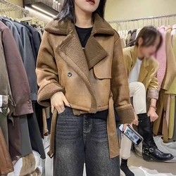 Winter New Vintage Hong Kong Style Polo Neck Loose Plush Thickened PU Fur One Piece Women's Short Coat